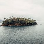 Vista da Ilha das Cabras, em Ilhabela, com barcos diante da costa e vegetação exuberante