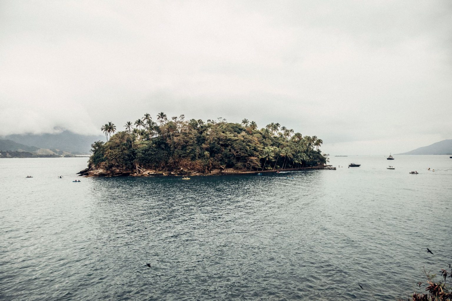 Vista da Ilha das Cabras, em Ilhabela, com barcos diante da costa e vegetação exuberante