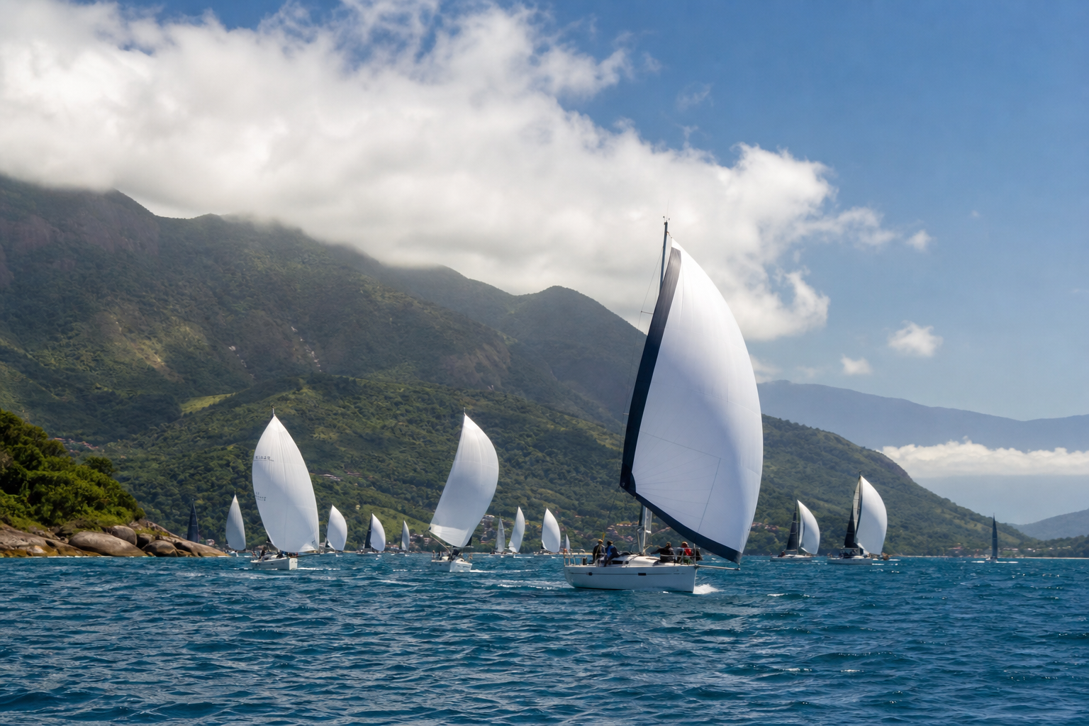 Veleiros em regata nas águas de Ilhabela durante uma competição náutica