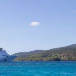 Grande navio de cruzeiro navegando próximo a uma ilha tropical, sob céu azul.